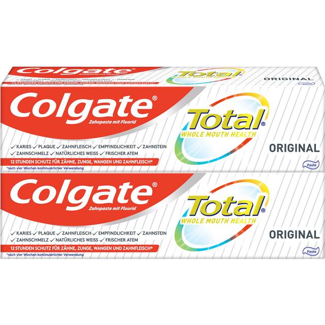 Colgate Tandkräm Total Original 2 x 75 ml - Tandrengöring för en hälsosam mun och 12 timmars proaktivt tandskydd* - rengör tänder, tandkött, kinder och tunga