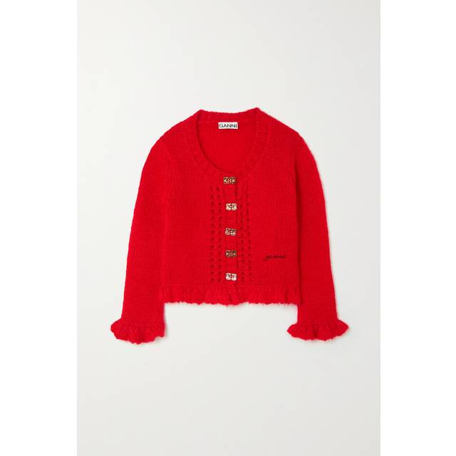 Ganni, Cardigans, female, Red, XS, Red Mohari Cardigan with Ruffled Hem