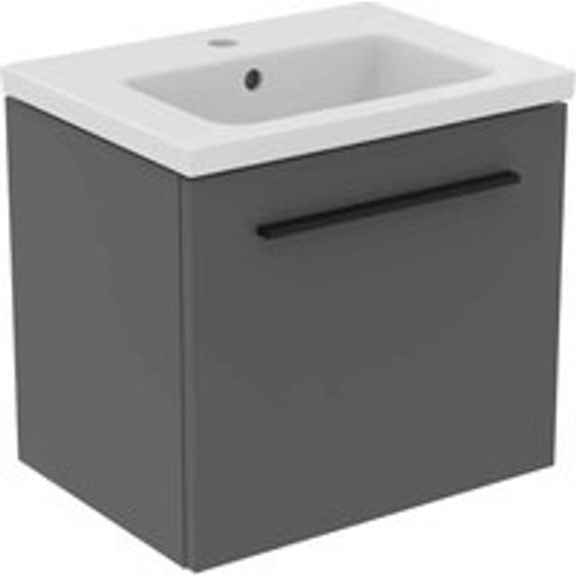 Ideal Standard I.life S 50Cm Matt Quartz Grey 1 Drawer Vanity Unit, 51Cm Vanity Basin And Black Handle Pack, Grey
