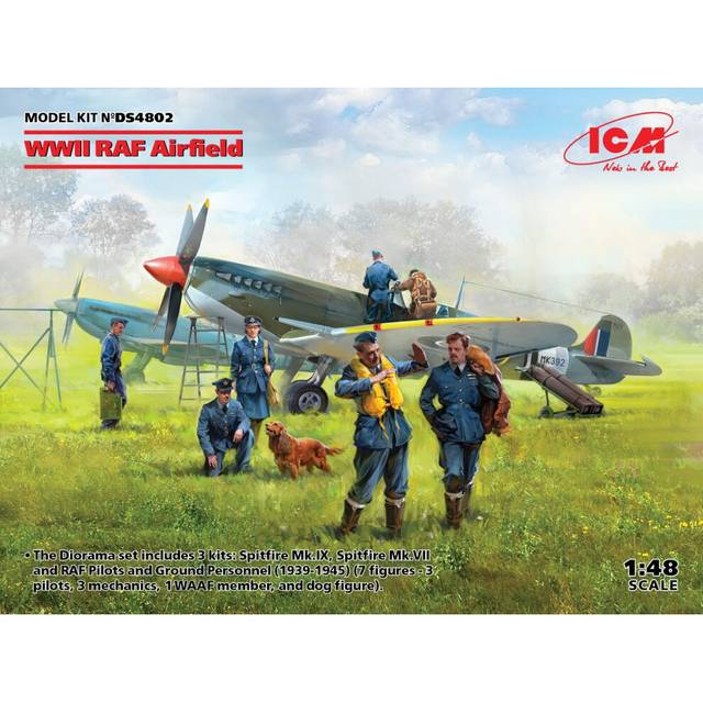 ICM 1/48 Scale WWII RAF Airfield Set, Spitfire Mk.IX & Spitfire Mk.VII, RAF Pilots & Ground Personnel (7 Figures) Model Kit - Multicoloured