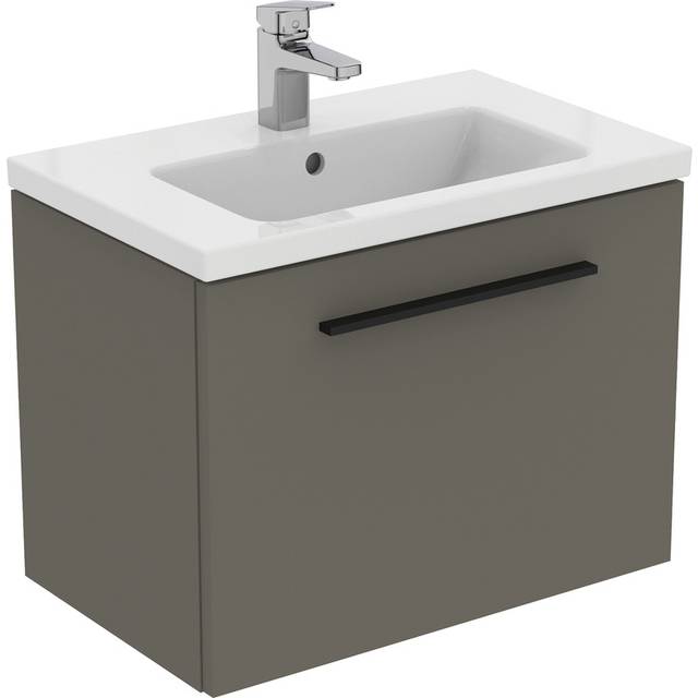 Ideal Standard I.life S 60Cm Matt Quartz Grey 1 Drawer Vanity Unit, 61Cm Vanity Basin And Black Handle Pack, Grey