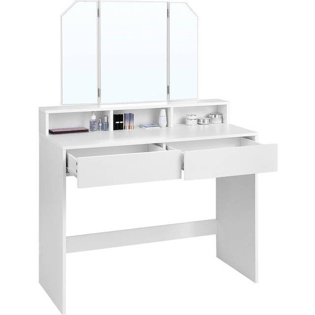 VASAGLE Sminkbord RDT115W01 med hopfällbar spegel och 2 lådor, 3 öppna fack, sminkbord för makeup, modernt molnvitt sminkbord