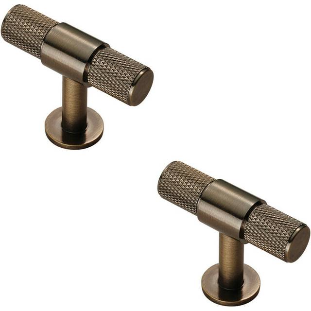 2x Knurled Cupboard T Shape Pull Handle 50 x 13mm Antique Brass Cabinet Handle