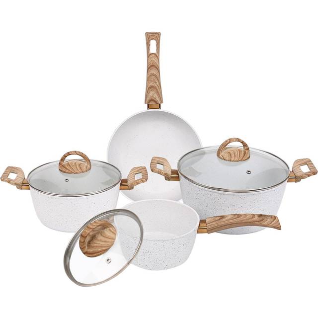 Eurotrade W Ltd Coconut Aluminium 7 Pcs Induction Non Stick Frying Pan Saucepan Pot Cookware Set, White