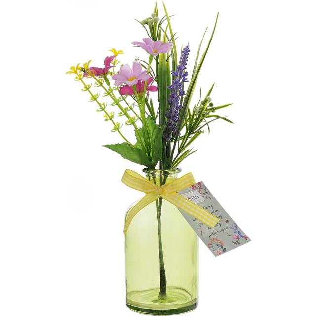 The Cottage Garden Artificial Bouquet in Green Glass Vase - Multicolor