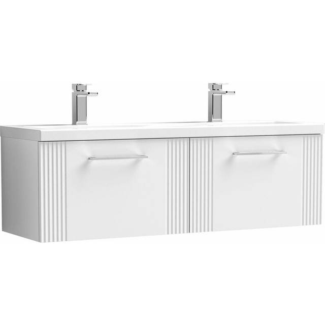 Nuie Deco 1200mm Wall Hung 2 Drawer Vanity & Double Ceramic Basin - Satin White, White