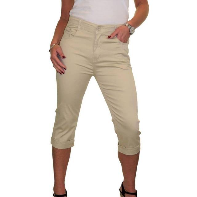 Womens casual high waist crop capri jeans chino sheen lightweight beige 20 & 22