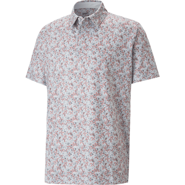 (M, High Rise/Flamingo Pink) Puma Golf Mens Mattr Florals Moisture Wicking Recycled Fabric Polo Shirt