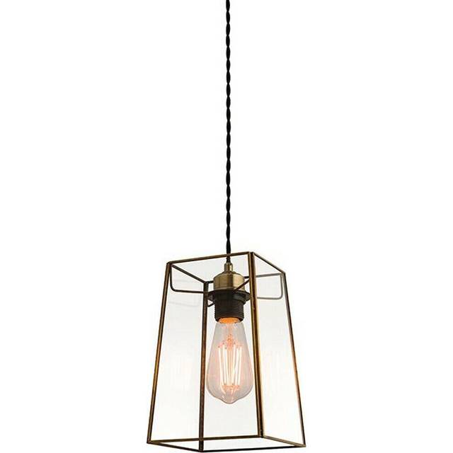 Hanging Ceiling Pendant Light Antique Brass & Square Glass Shade Sleek Box Lamp
