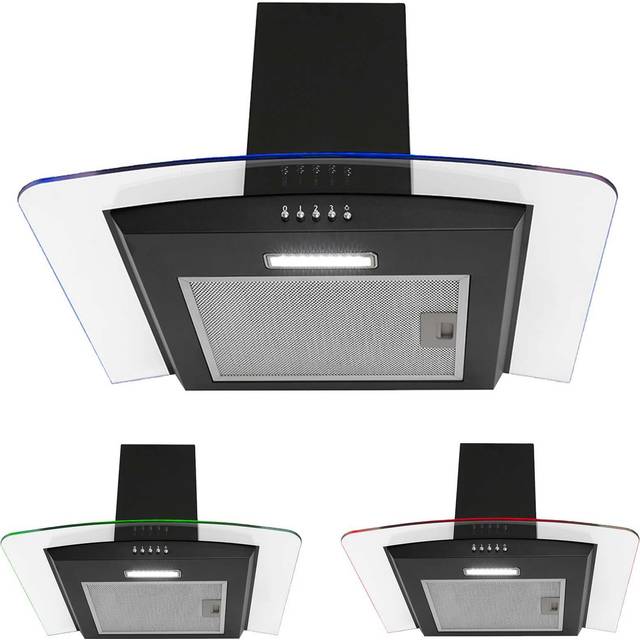 Montpellier MHE600LBK 60cm Black 3 Colour Edge Lit Curved Glass Cooker Hood Fan