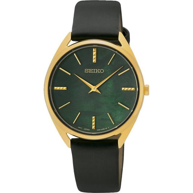 Seiko SWR080P1 Women's Quartz Watch, Green Mother of Pearl Dial, Gold-Tone Case, Black Leather Strap