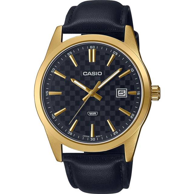 Casio MTP-VD03GL-1AUDF Men's Watch - Black Dial, Gold-Tone Case, Black Leather Strap