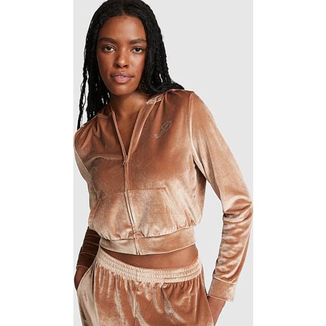 Victorias Secret PINK Caramel Kiss Brown Velour Logo Shine Hoodie - caramel kiss brown velour - MEDIUM