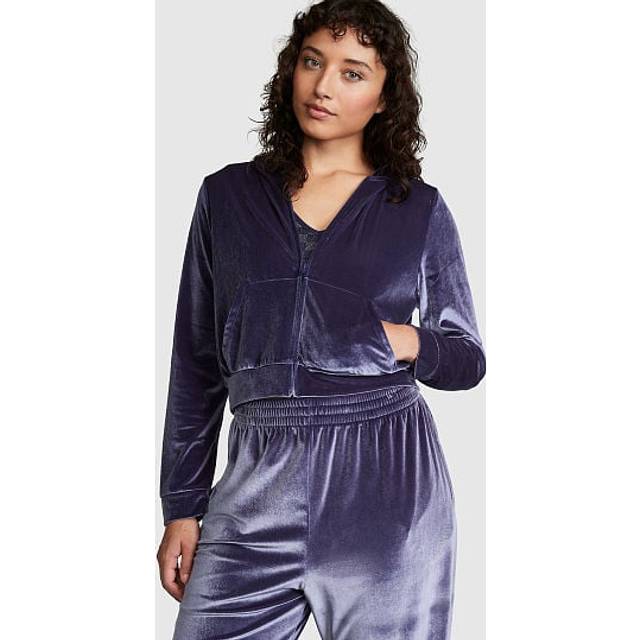 Victorias Secret PINK Midnight Navy Blue Velour Logo Shine Hoodie - midnight navy blue velour - LARGE