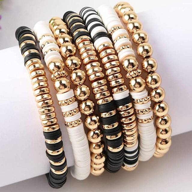 SHEIN Seven Pieces Clay Bead Bracelets For Women Bohemian Stackable Evil Eye Vinyl Disc Beaded Stretch Bracelets Elastic Layering Friendship Bracelets Boho