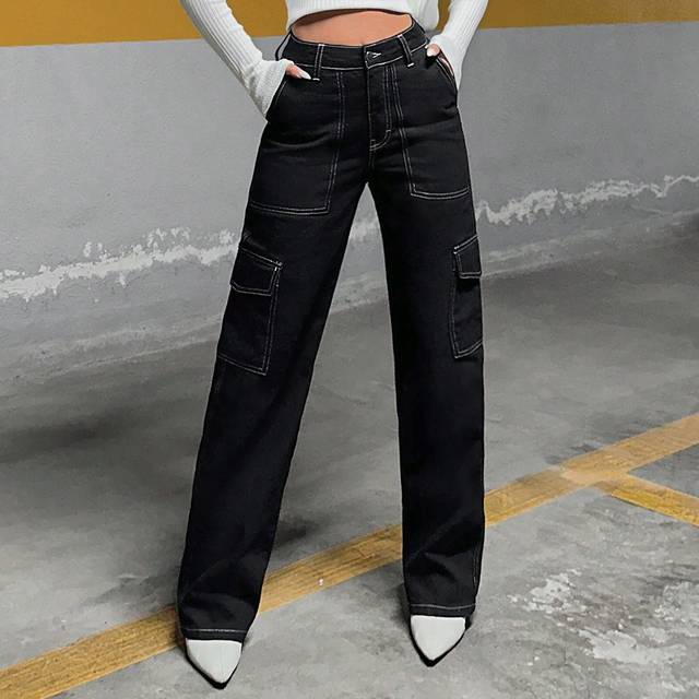 Top-stickning Flap Pocket Side Cargo Jeans - Svart (Petite XXS,Petite XS,Petite S,Petite M,Petite L)
