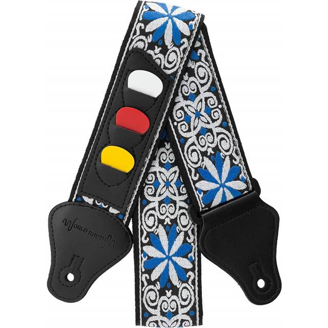 World Rhythm Guitar Strap Floral Blue Embroidered Strap with Pick Holder & Picks