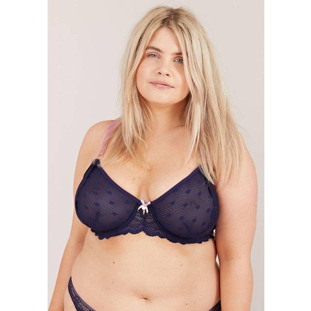 Spot and Lace Non-Padded Underwired Bra - 40FF / Navy