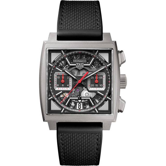 TAG Heuer Monaco Chronograph 39mm Watch - Black Dial - Embossed Black Rubber & Leather Band -Titanium Square Case