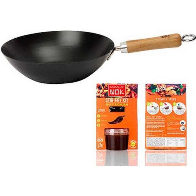 School of Wok by Dexam 10.5in/27cm Non-Stick Carbon Steel Wok, Black