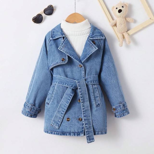 SHEIN Young Girl Turn-Down Collar Denim Jacket With Waist Drawstring