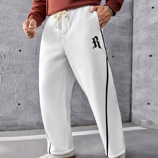 Manfinity Loose Men&#39;s Plus Size Letter Graphic & Contrast Trim Sweatpants