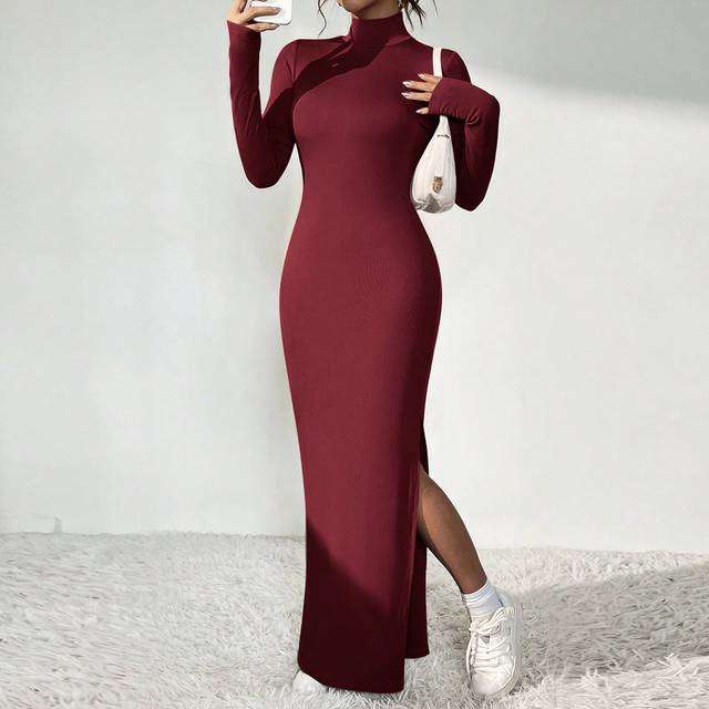 Kvinnors Slits Lång Ärm Klänningar - Bourgogne (L,M,S,XS)