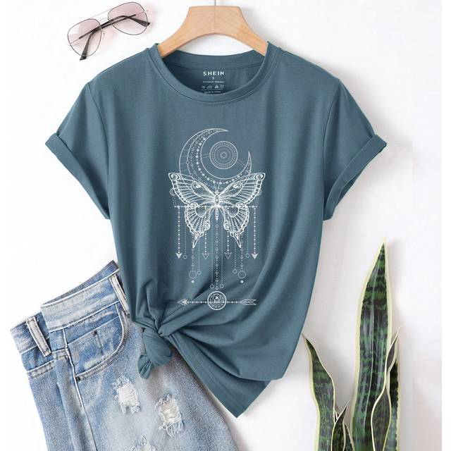 INAWLY Women&#39;s Butterfly Printed Short Sleeve T-Shirt Graphic Tees Women Tops