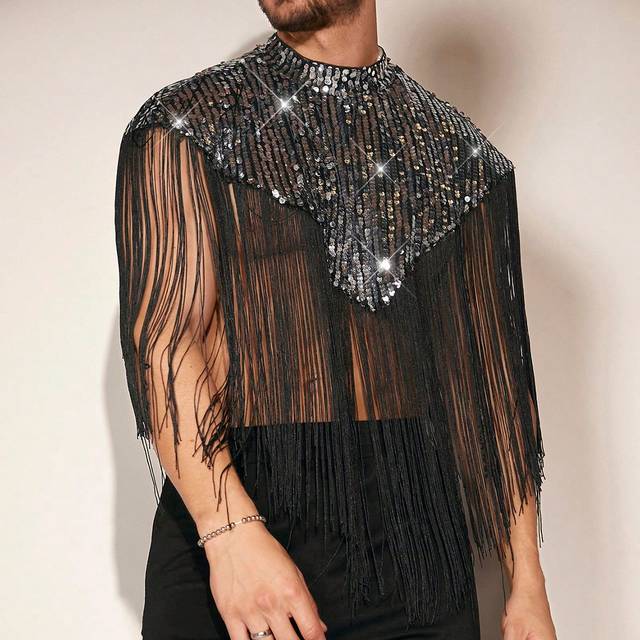 FeverCity Men&#39;s Sequin Fringe Trim Oversized Pullover Party Sleeveless Sequin Mock Neck Sweatshirt, For Friends, Husband, Boyfriend Gifts