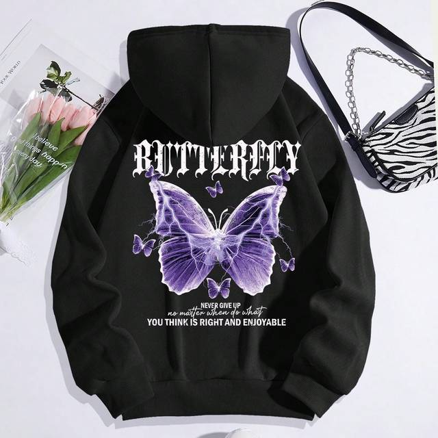 INAWLY Slogan & Butterfly Print Kangaroo Pocket Drawstring Thermal Lined Hoodie BUTTERFLY NEVER GIVE UP No Matter When Do What YOU THINK IS RIGHT AND ENJOYAB