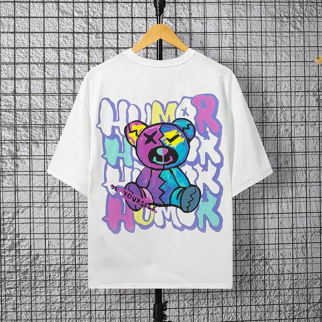 SHEIN Teen Boy Casual Comfortable Cartoon Doodle Teddy Bear Pattern Short Sleeve Knit T-Shirt