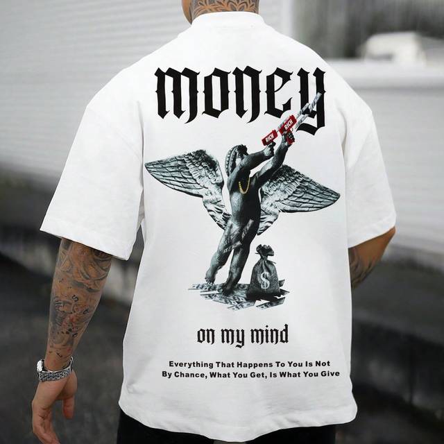 Manfinity Loose Fit Men Slogan & Angel Graphic Print Drop Shoulder Short Sleeve T-Shirt, Casual, For Going Out, For Husband