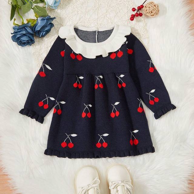 SHEIN Baby Girl Cherry Patterned Sweater Dress With Ruffle Trim