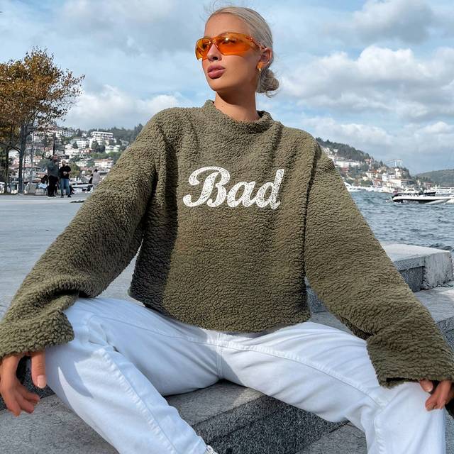 Text Broderi Nedhasade aclar Teddy Sweatshirts - Kaki (L,M,S)