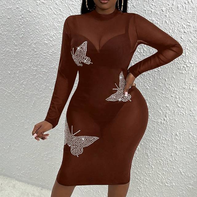 Slaydiva Plus Rhinestone Butterfly Pattern Mesh Bodycon Dress Without Lingerie