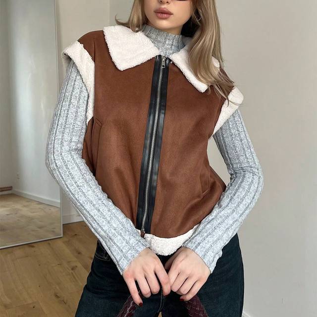 Kontrast Teddy Krage Dragkedja Väst Jacka - Brun (L,M,S,XS)