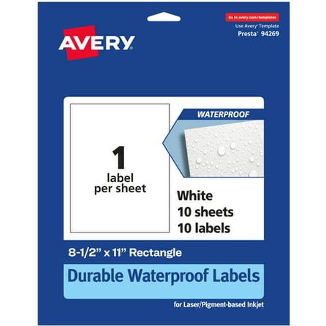 "Avery Durable Waterproof Rectangle Labels  8.5"""""""" x 11""""""""  10 Oil and Tear-Resistant Waterproof Labels  Laser/Pigment-Based Inkjet Printable Labels"