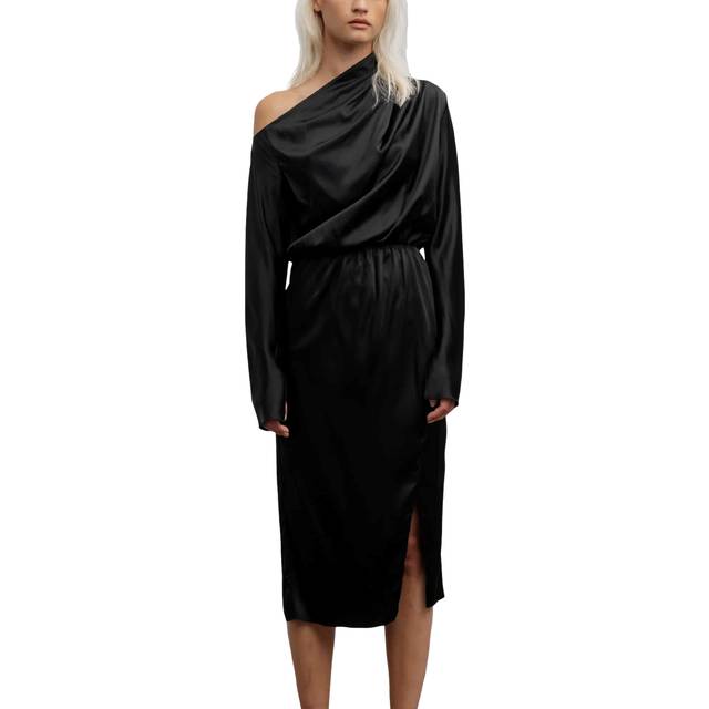 Ahlvar Gallery, Klänning, Dam, S, Polyester, Avsluten satin klänning med veck - black (S)