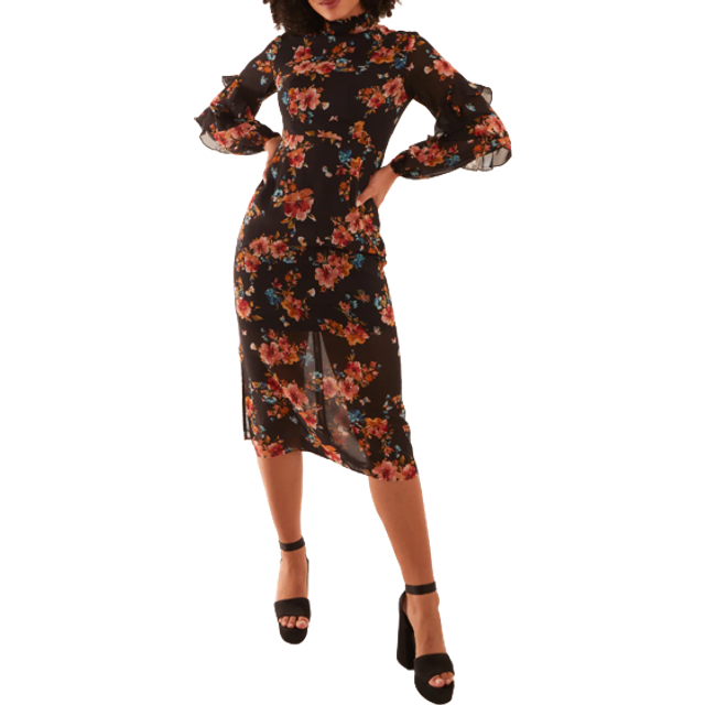 Womens Midi Dress With Sleeve Details - Black - 12