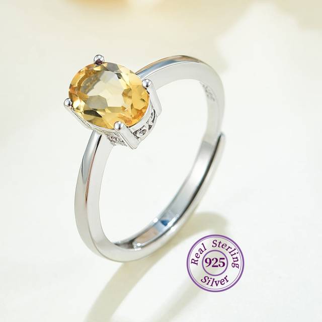 SHEIN 1pc 925 Silver Natural Citrine Open Ring
