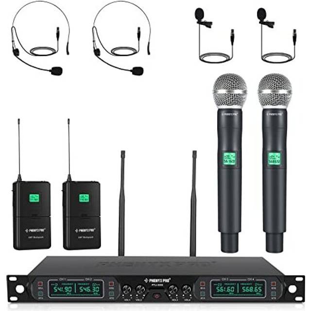 Phenyx Pro Wireless Microphone System  4-Channel UHF Wireless Mic Set with Handheld/Bodypack/Headset/Lapel Mics  Fixed Frequency Metal Cordless Microp