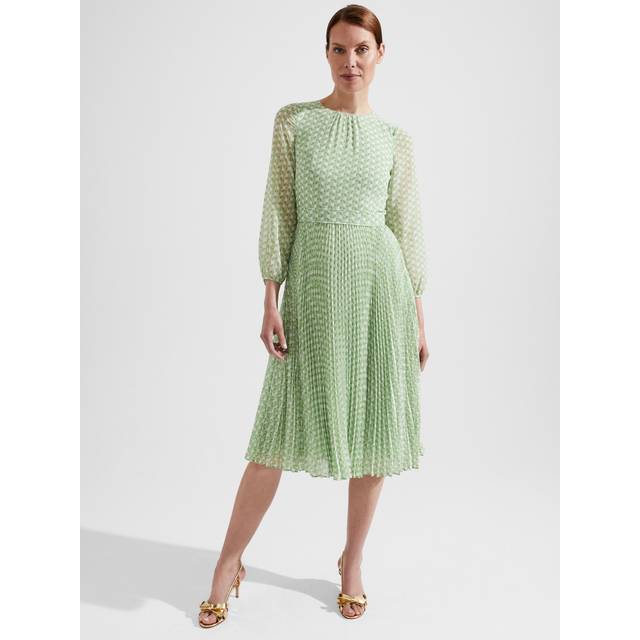 Hobbs Salma Geometric Print Pleated Dress, Green/Multi