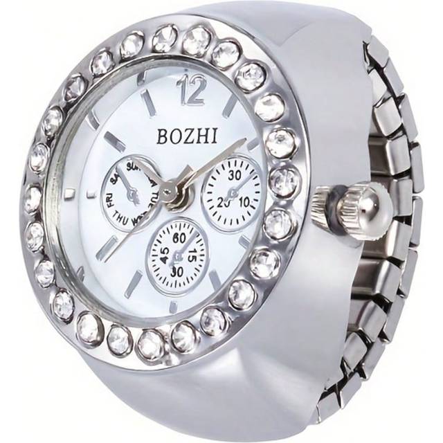 SHEIN Fashion Three Circle Dial Adjustable Strap Inlaid Rhinestone Ring Quartz Watch, Solid Color Alloy Watch, Party School Supplies
