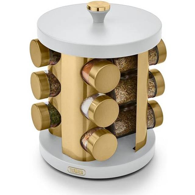 T826022WHT Cavaletto 12 Jar Rotating Spice Rack with Pre-Filled Spices, Optic White and Champagne Gold - Tower