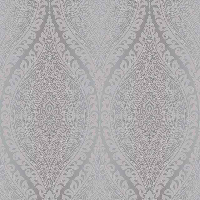 Grandeco Kismet Damask Pattern Wallpaper Metallic Glitter Motif Art Deco Roll[SILVER A17703]