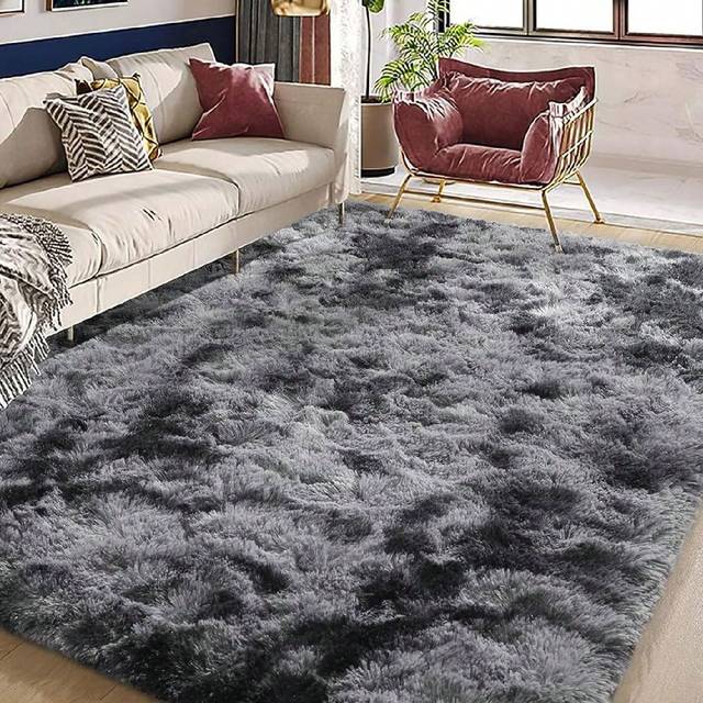 SHEIN 1pc Tie-Dye Grey & White Plush Bedroom & Living Room Area Rug, Foldable & Easy To Rebound After Unpacking ,Room Decor