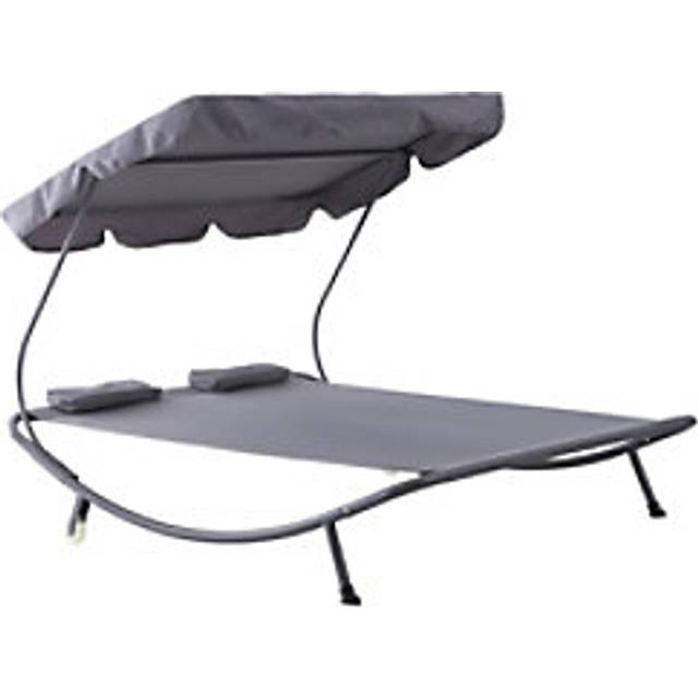Outsunny Double Hammock Sun Lounger Bed with Canopy Shelter, Wheels & 2 Pillows, Light Grey