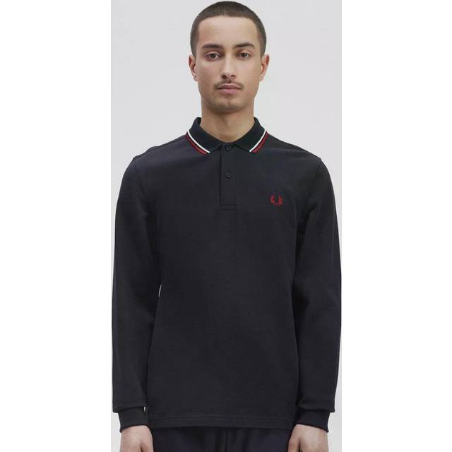 Long Sleeve Twin Tipped Polo Shirt Navy Snow White Red, XXL