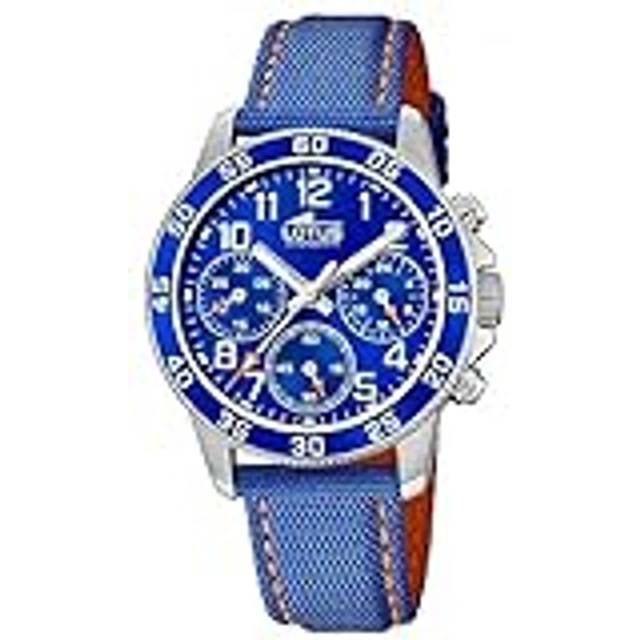 LOTUS Klockmodell 18581/6 från JUNIOR Collection-kollektionen, 36 mm hölje med blå-orange läderarmband för kadetter