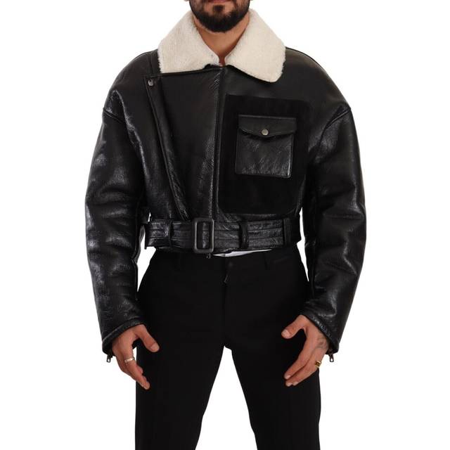 Dolce & Gabbana, Jacka, Herr, M, Läder, Svart Shearling Bikerjacka - black (M)